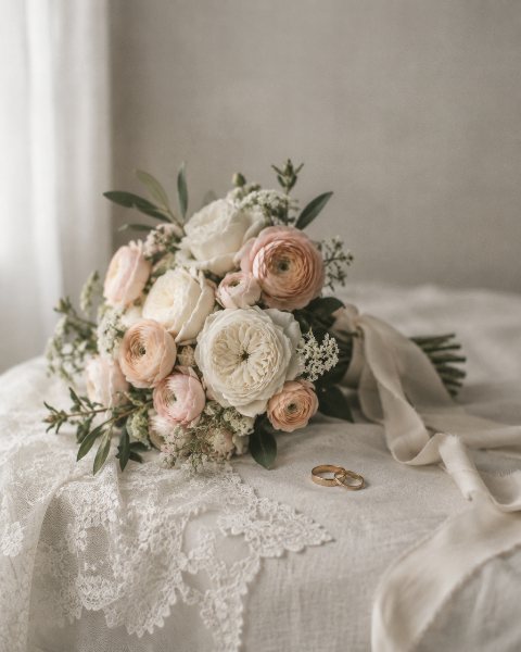 Ivory bridal bouquet with two gold rings