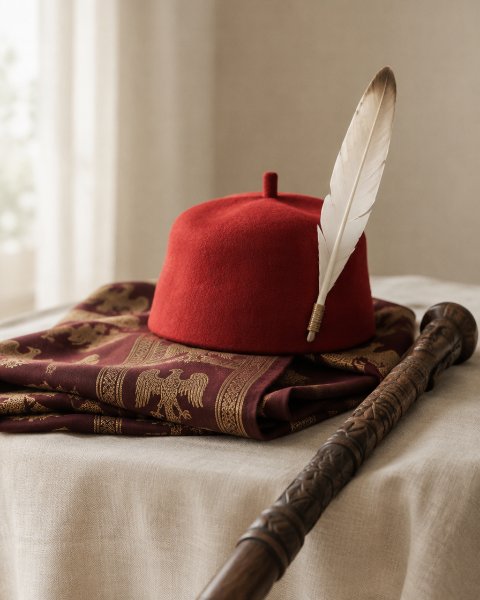 Red chief cap with an eagle feather and walking stick