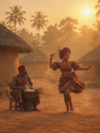 An Igbo drummer playing the igba while a woman dances in a village at dusk
