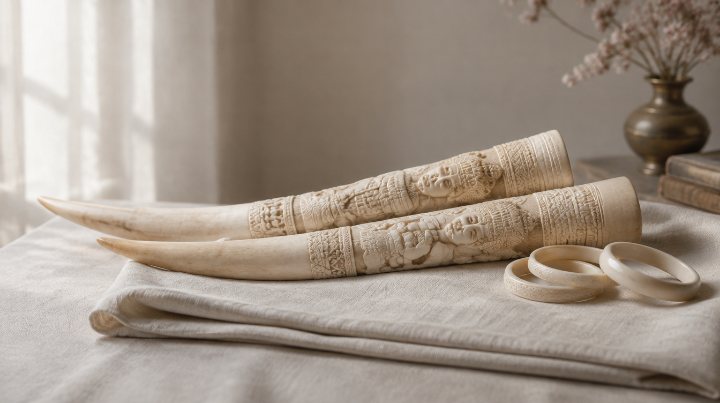 Two carved ivory tusk horns on linen