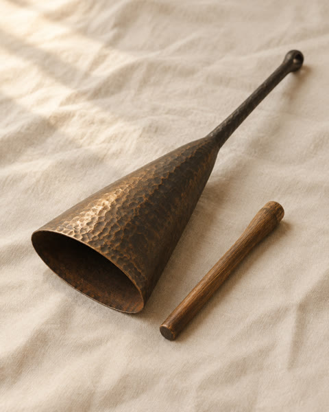 A hand-forged iron ogene bell with its wooden beater