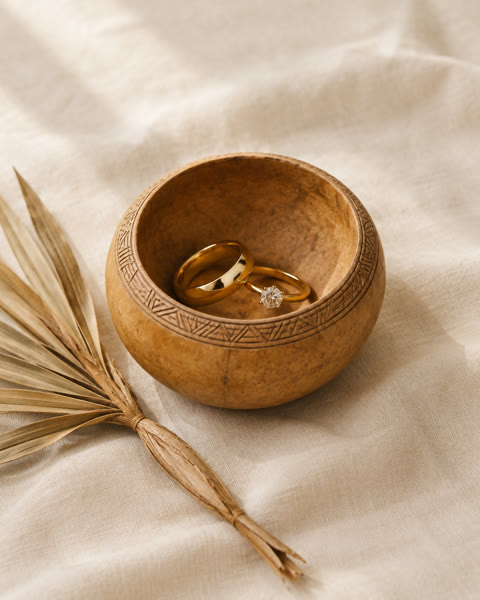 His and hers gold wedding rings in a carved calabash bowl